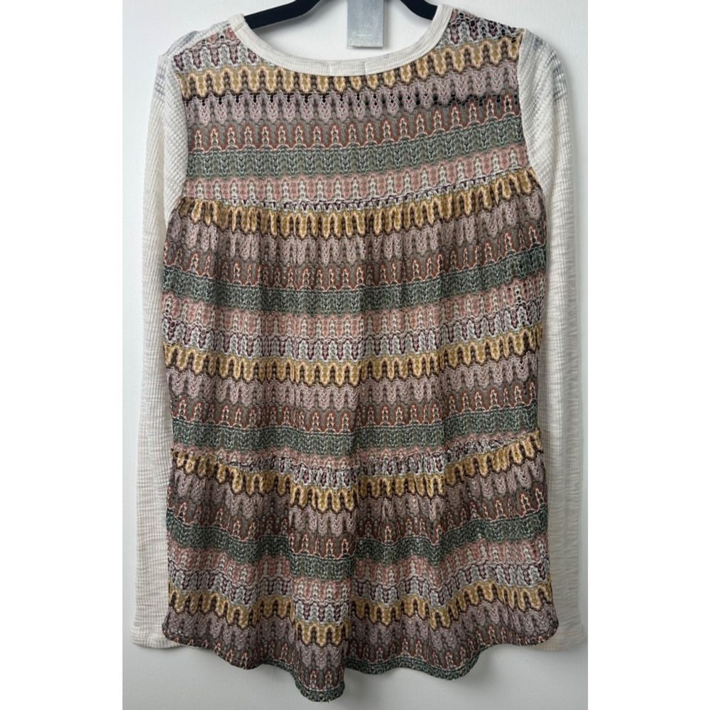 Dylan Ivory Textured Long Sleeve Top with Colored Detailed Back Panel.